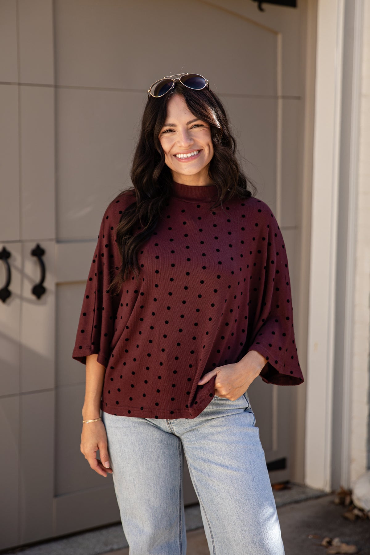 Dot To Dot Wine Polka Dot Mock Neck Top