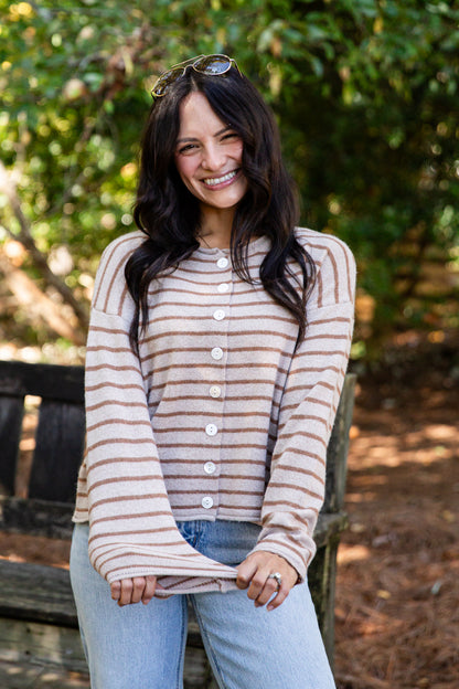 Quiet Moment Taupe Striped Cardigan