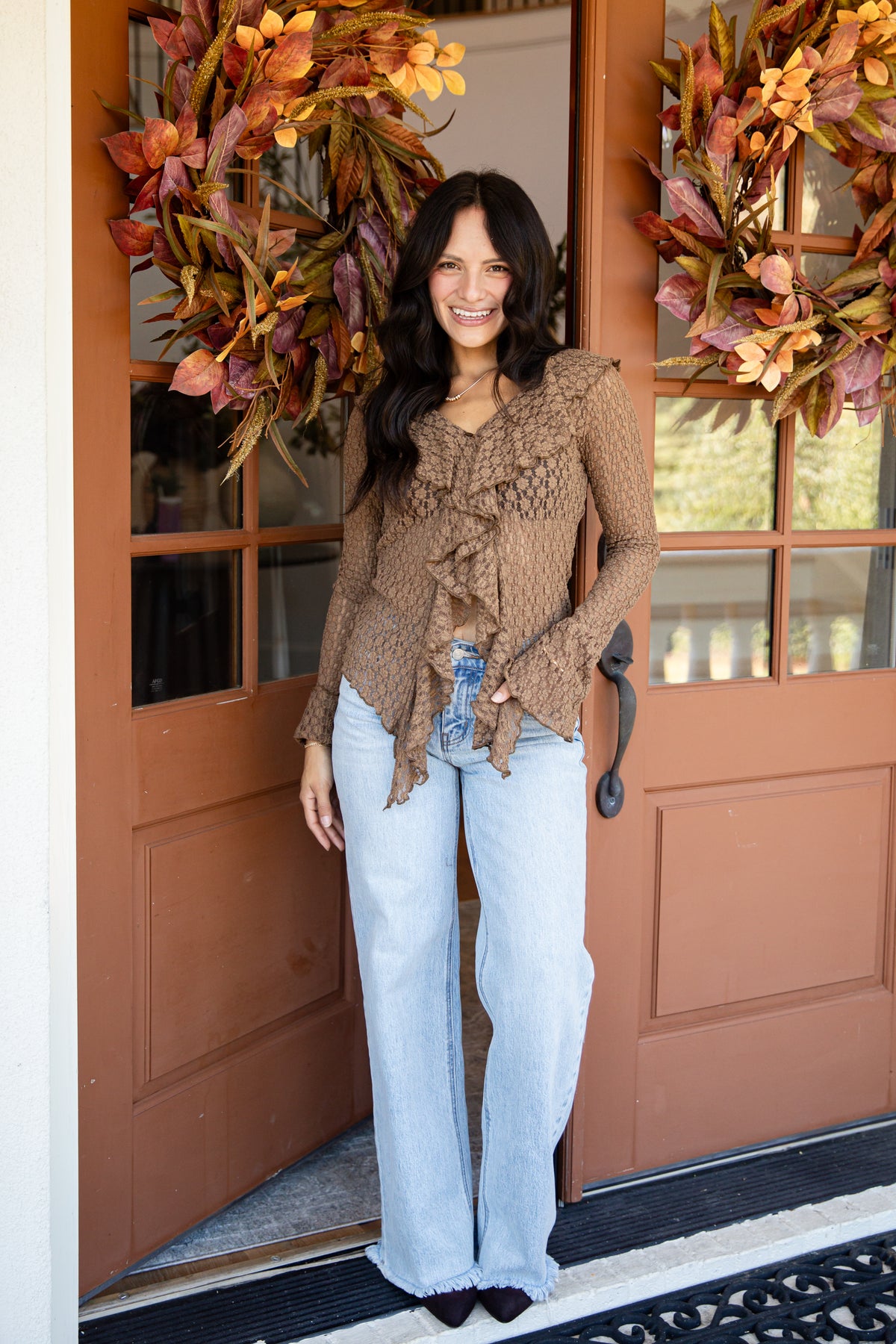 Must Be Nice Mocha Ruffle Blouse