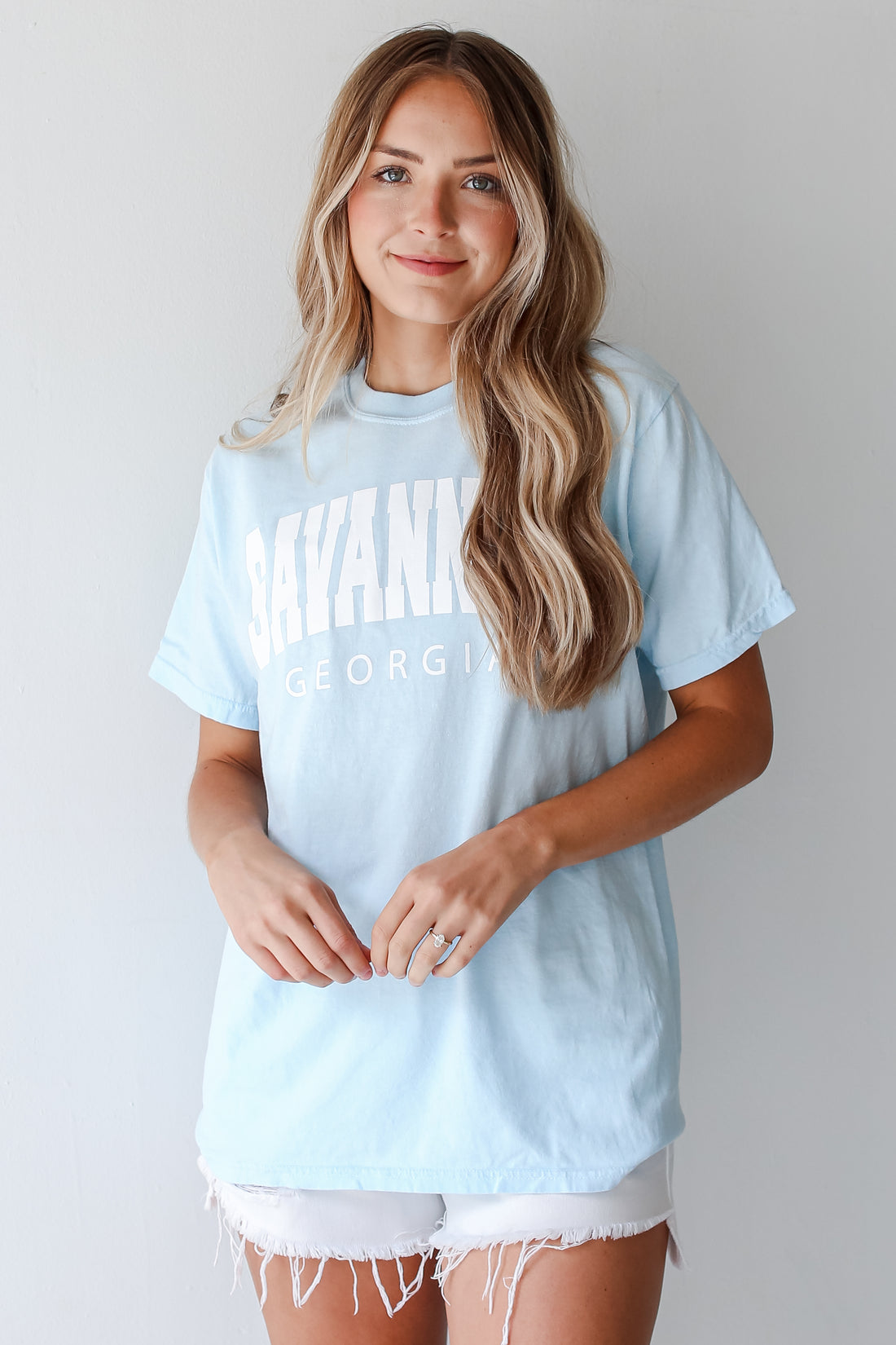 Light Blue Savannah Georgia Block Letter Tee on model