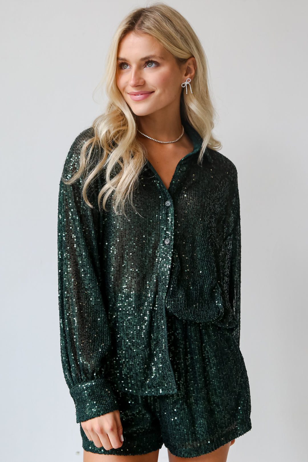 green Sequin Button-Up Blouse