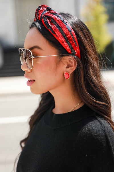 Red + Black Sequin Knotted Headband close up