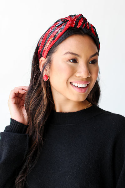 Red + Black Sequin Knotted Headband front view