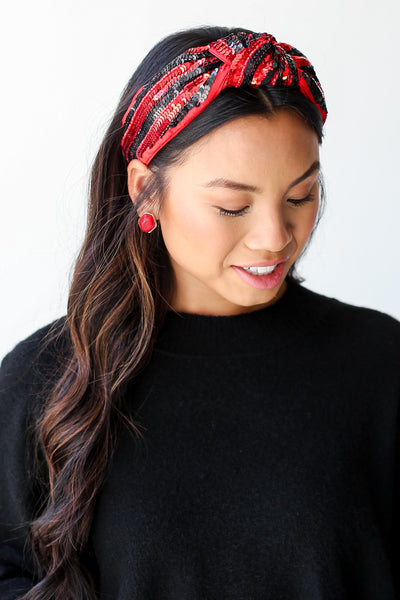 Red + Black Sequin Knotted Headband on model