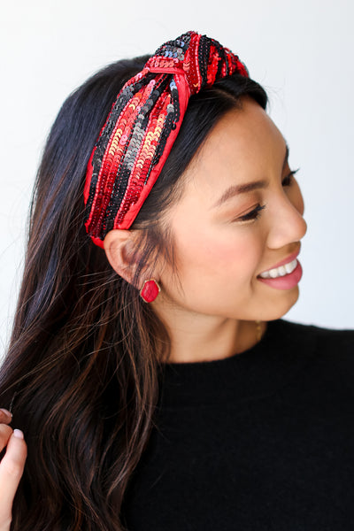 Red + Black Sequin Knotted Headband on model