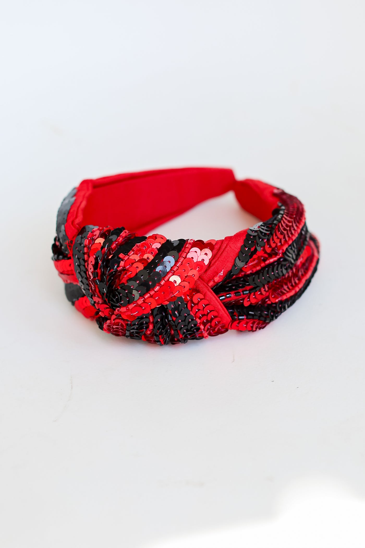 Red + Black Sequin Knotted Headband flat lay