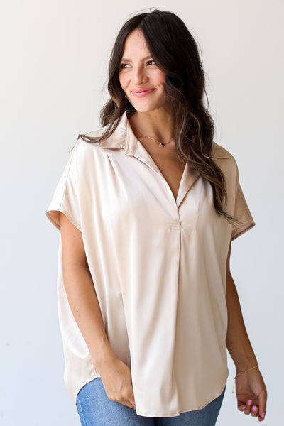 taupe Satin Blouse on model