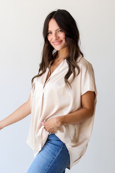 taupe Satin Blouse side view