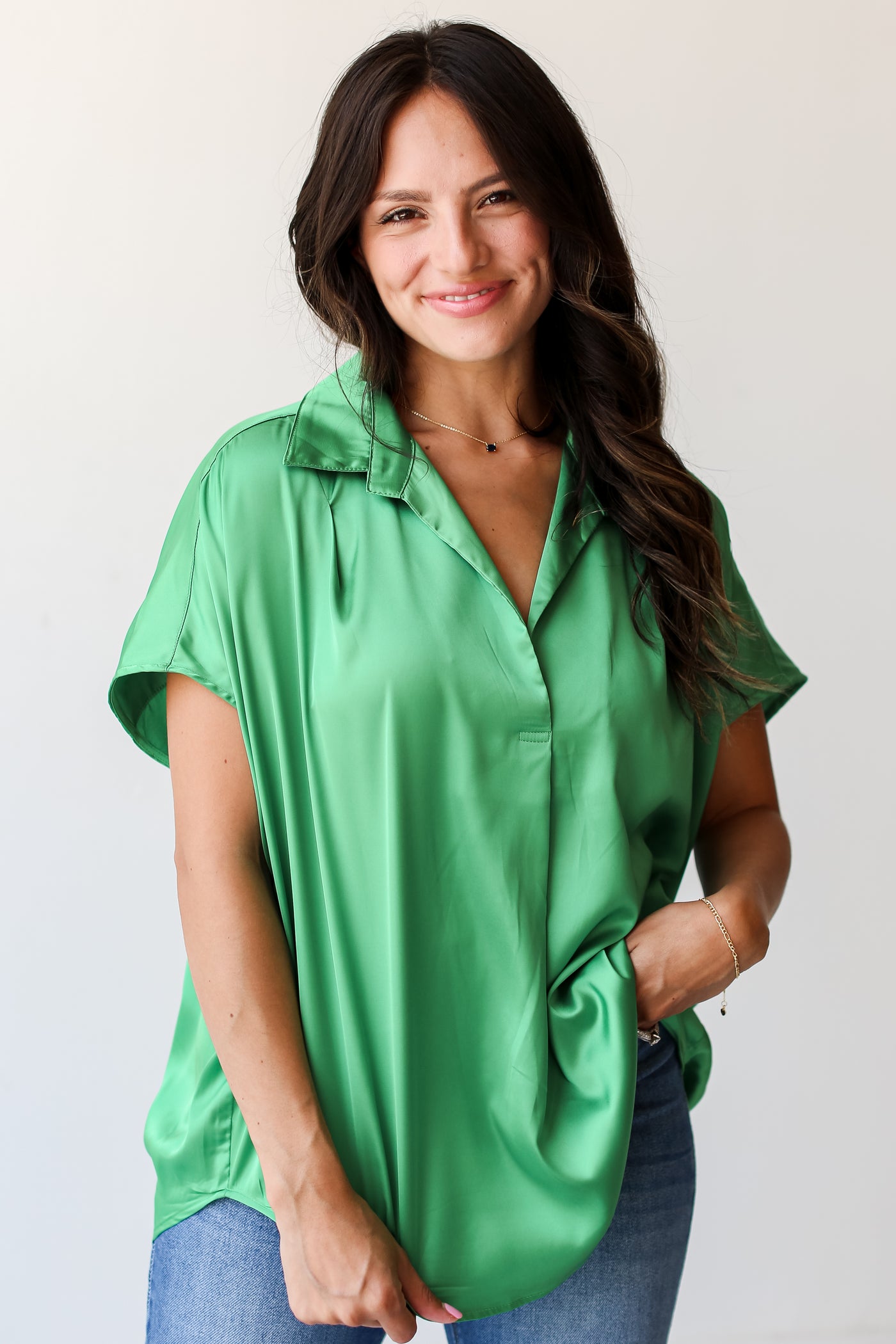green Satin Blouse front view