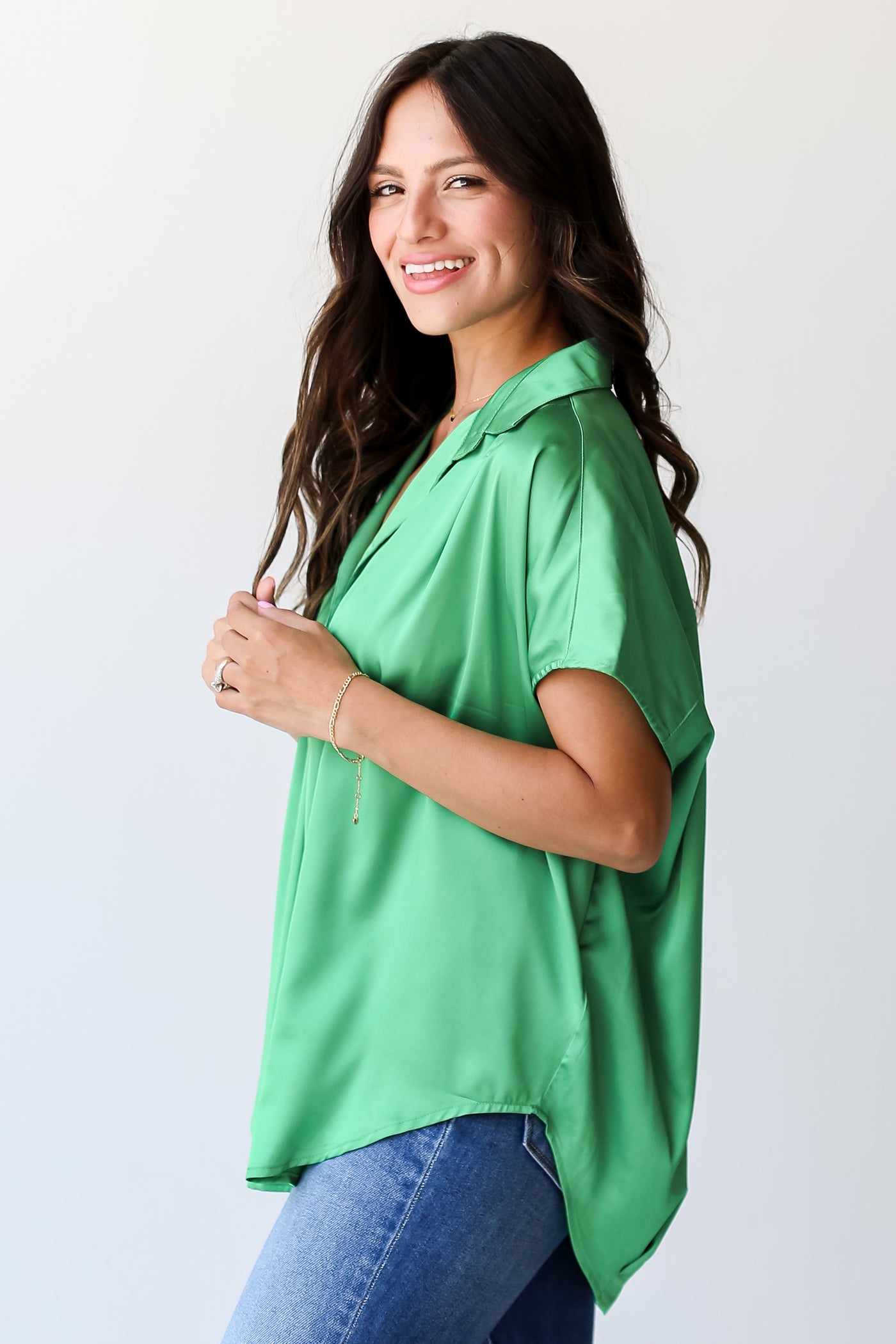 green Satin Blouse side view