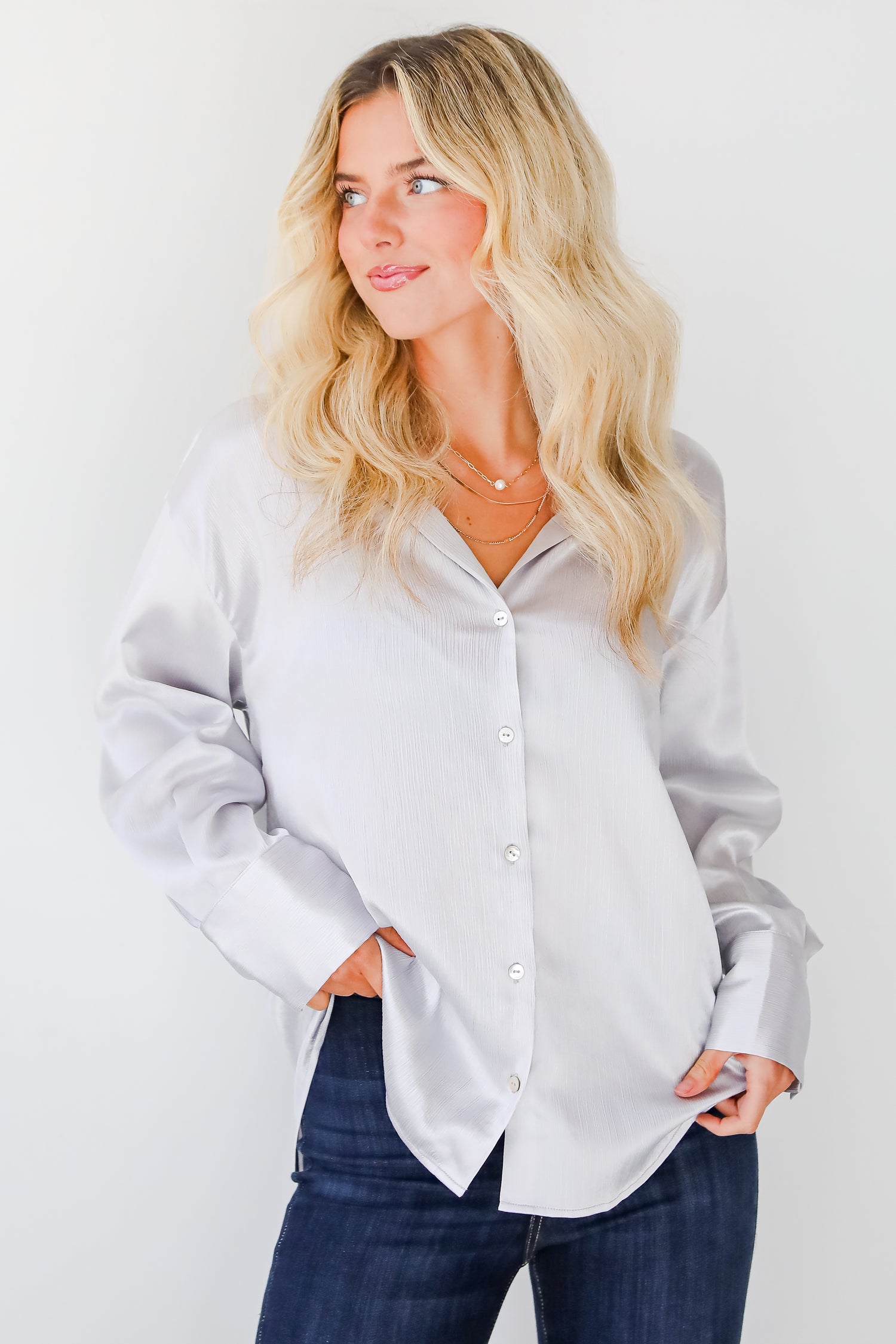 Pristine Luxury Satin Button-Up Blouse