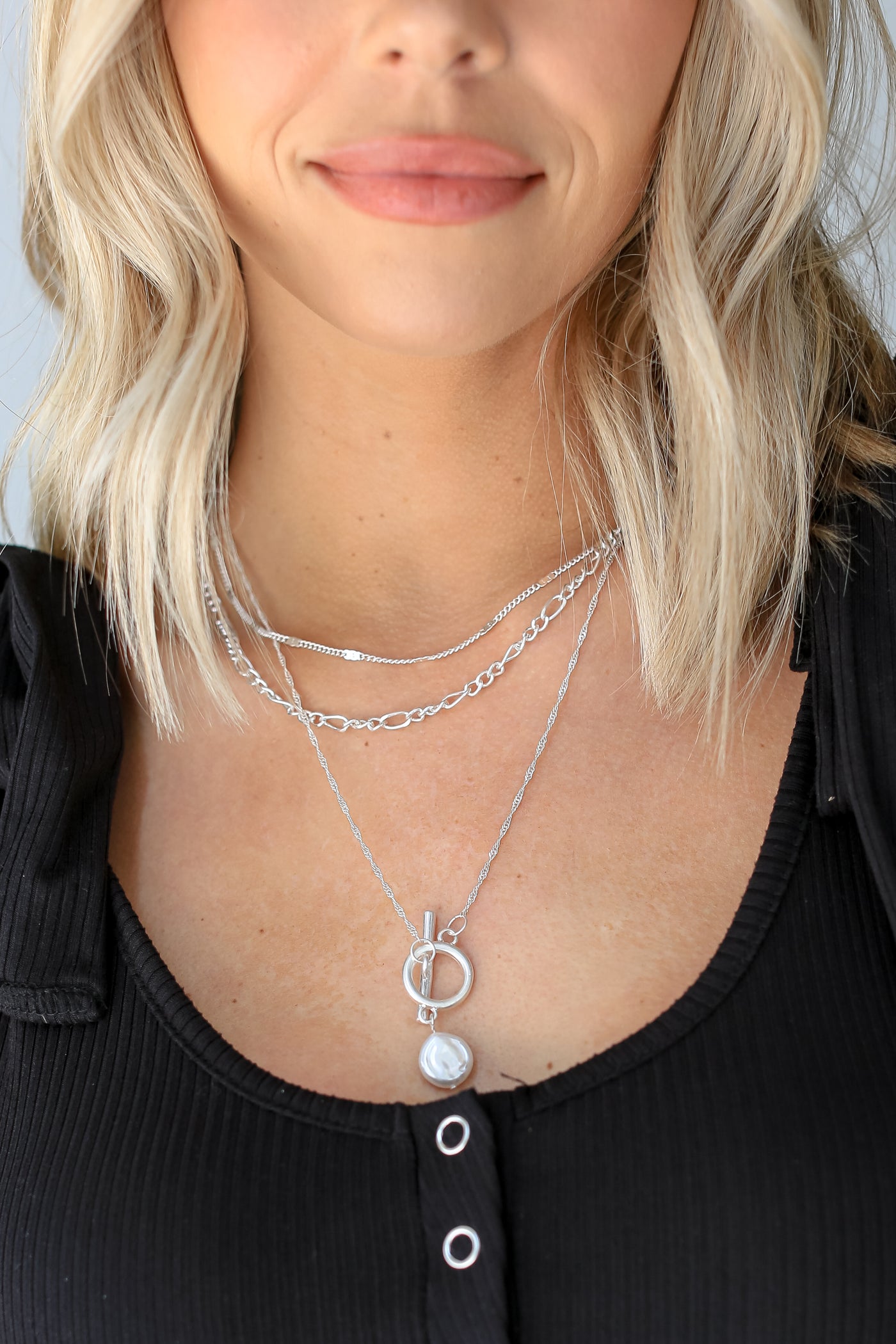 silver Layered Pearl Charm Necklace
