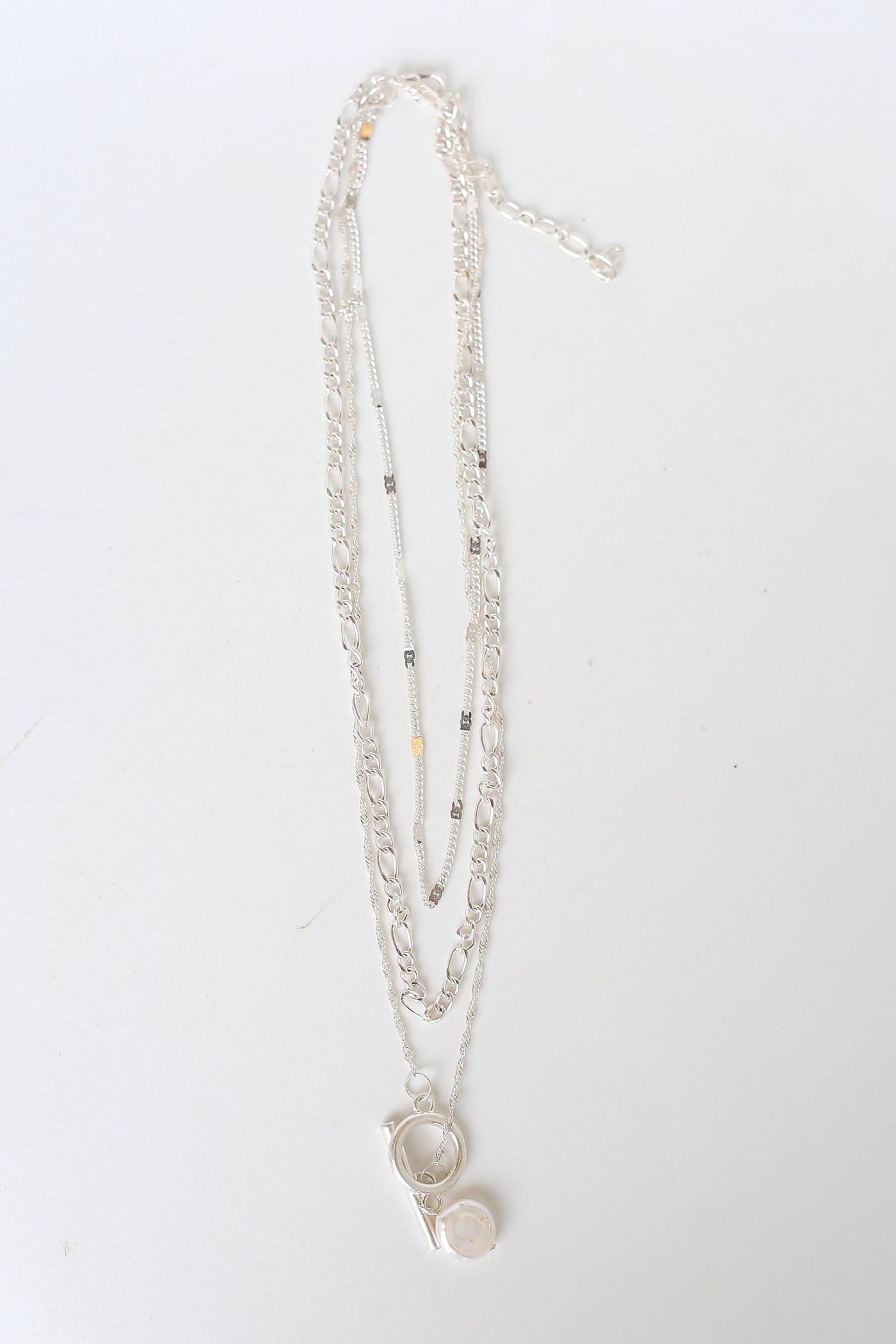 silver Layered Pearl Charm Necklace flat lay