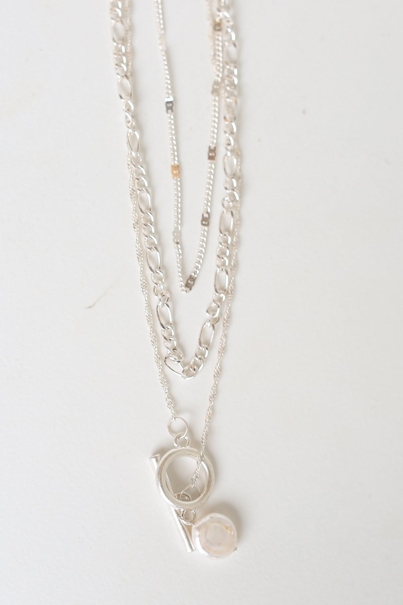 silver Layered Pearl Charm Necklace close up