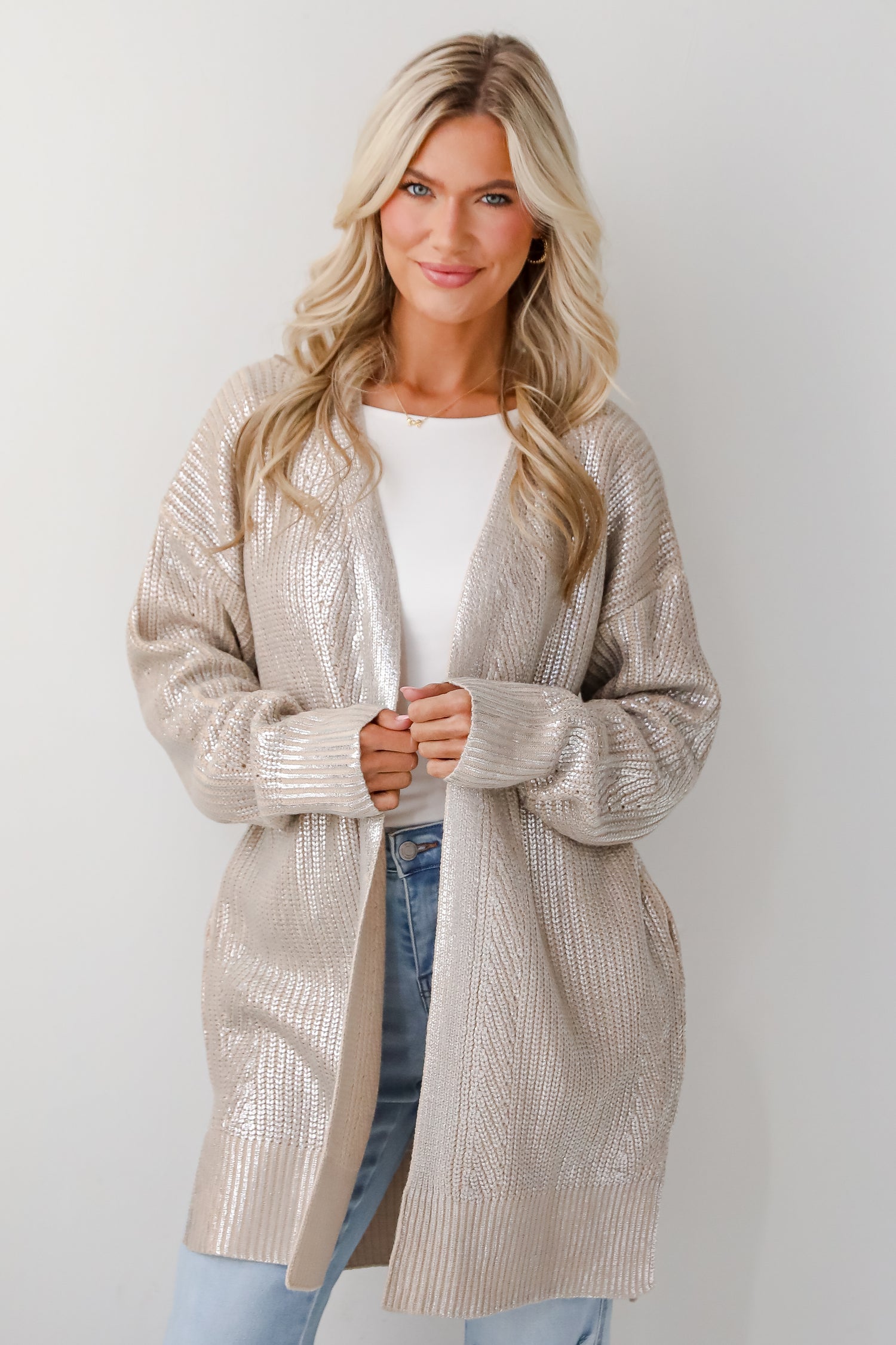 Cute Silver Metallic Sweater Cardigan Cozy Cardigans Dress Up