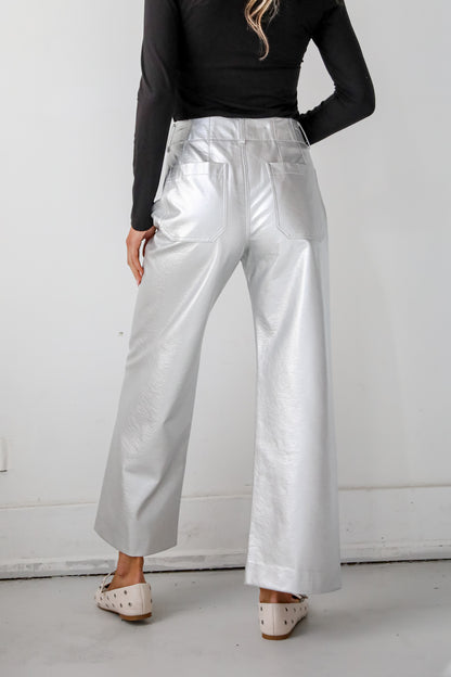 Chicest Trend Silver Metallic Leather Wide Leg Pants