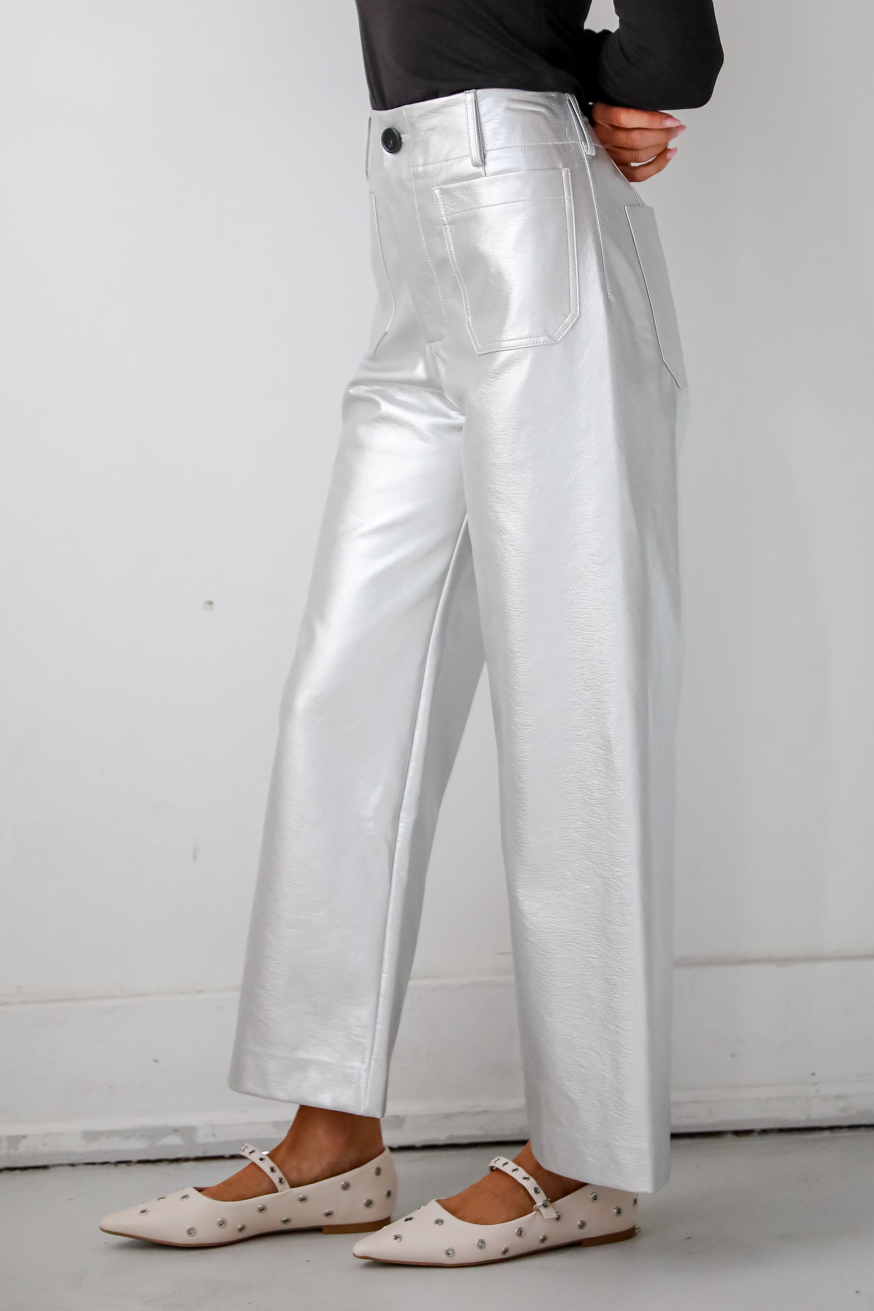 Chicest Trend Silver Metallic Leather Wide Leg Pants