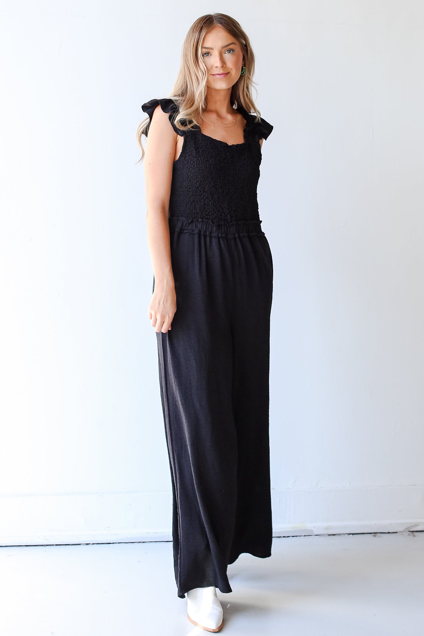 black Smocked Jumpsuit front view