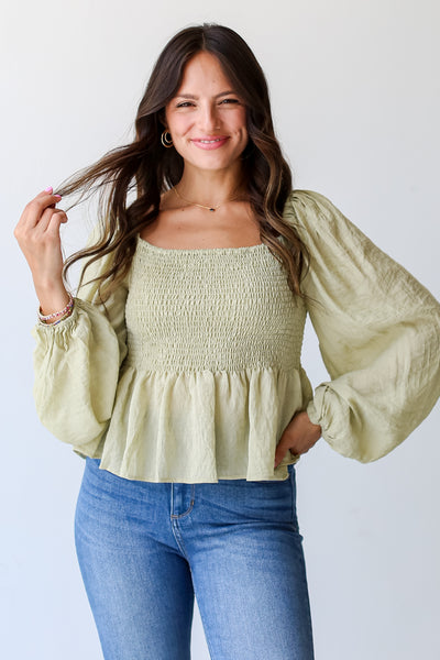 sage Smocked Blouse front view