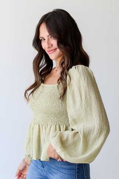 sage Smocked Blouse side view