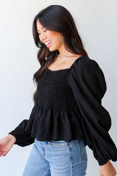 black Smocked Blouse side view