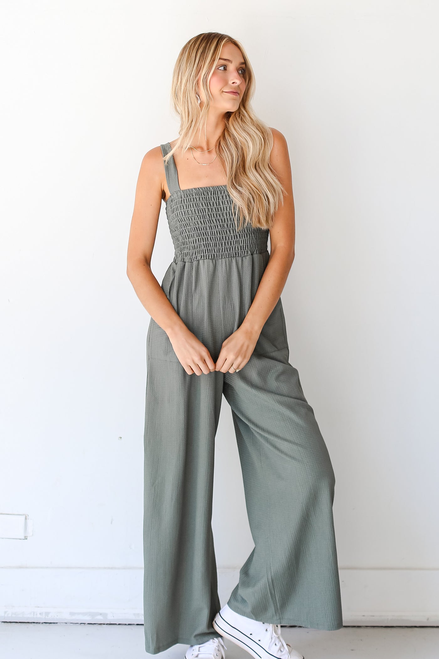 olive Smocked Jumpsuit front view