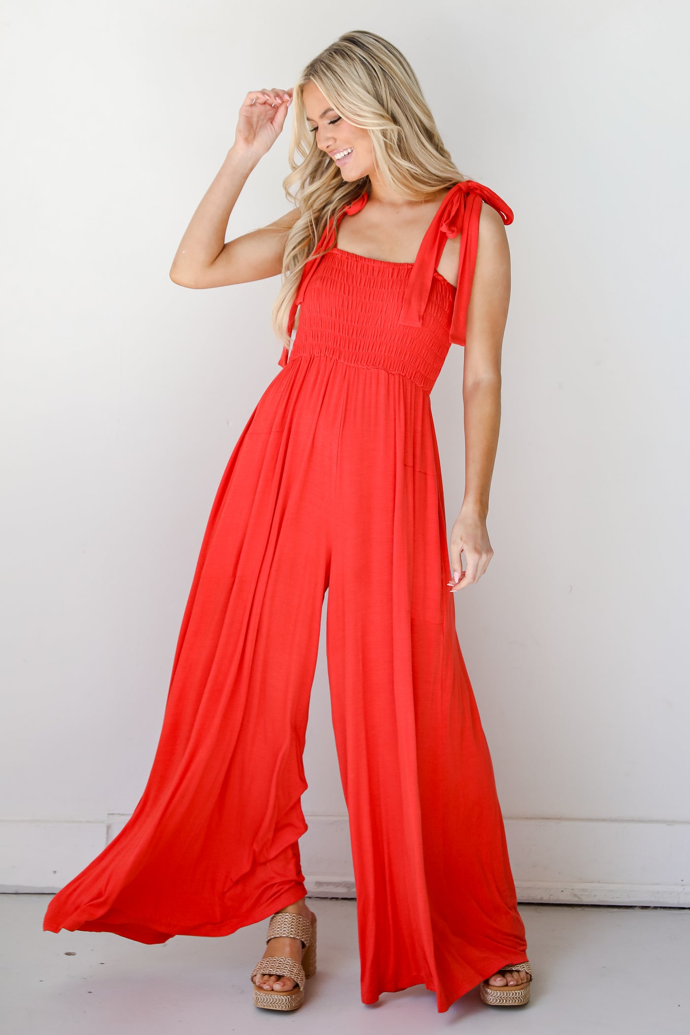 red Smocked Jumpsuit