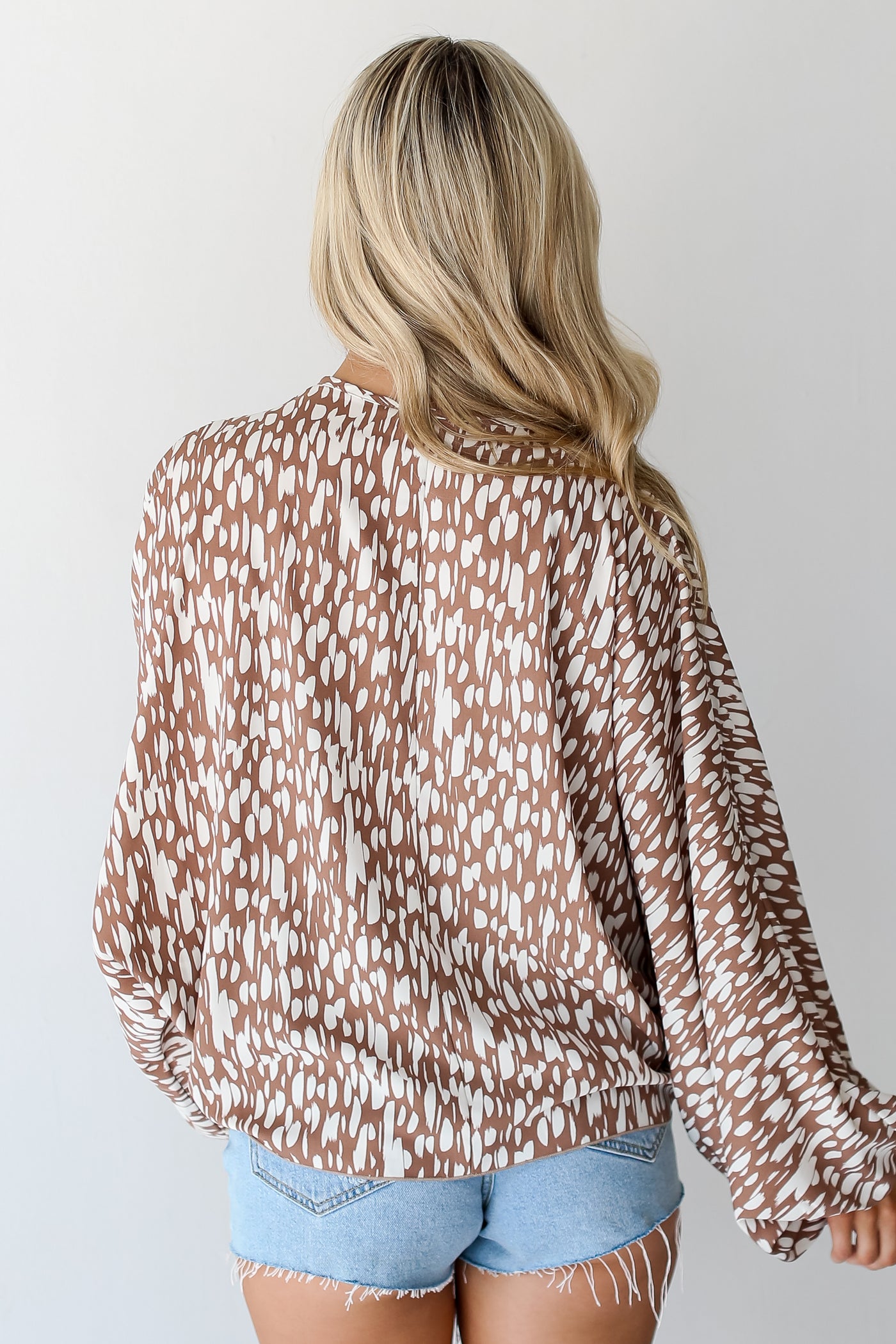 mocha Spotted Tie-Front Blouse back view