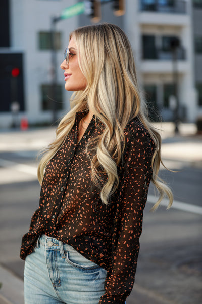 cute Brown Spotted Button-Up Blouse