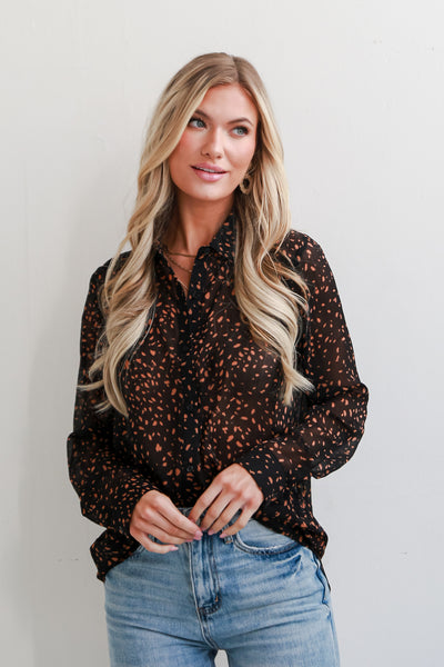 Brown Spotted Button-Up Blouse on model