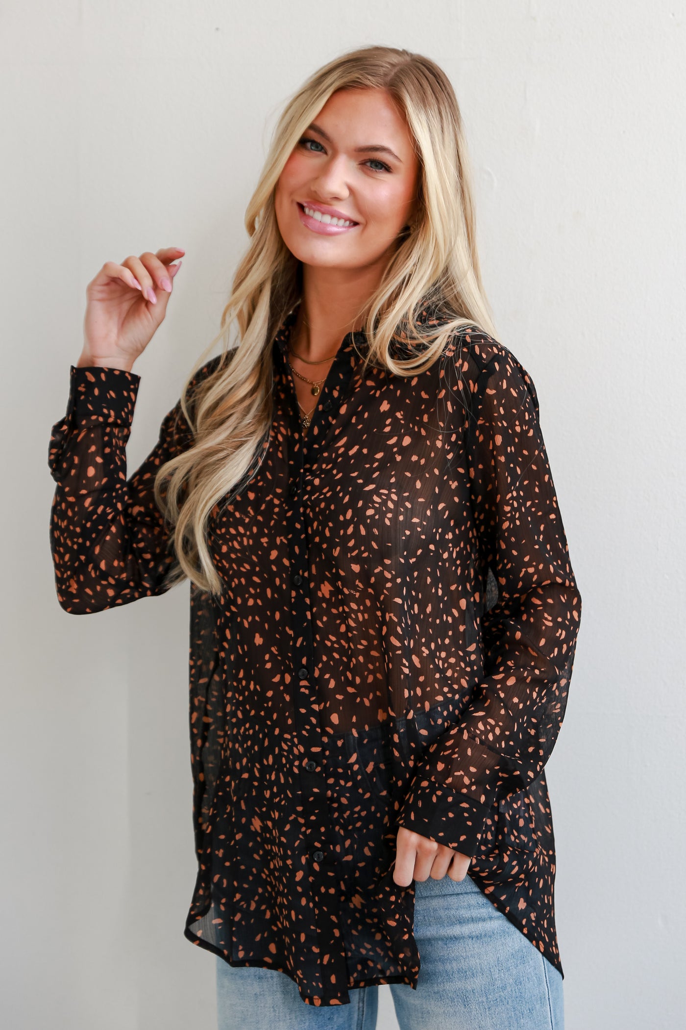 chic Brown Spotted Button-Up Blouse