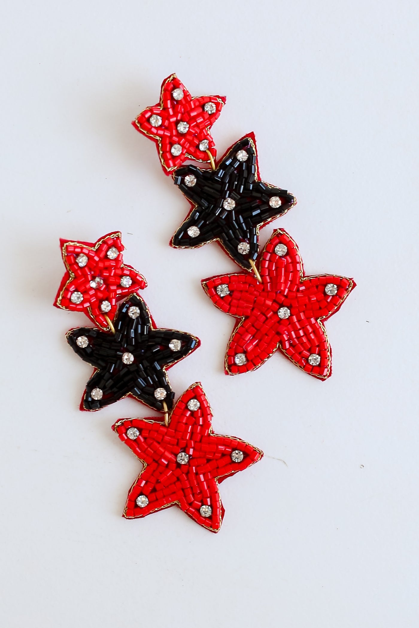 Red + Black Beaded Star Drop Earrings