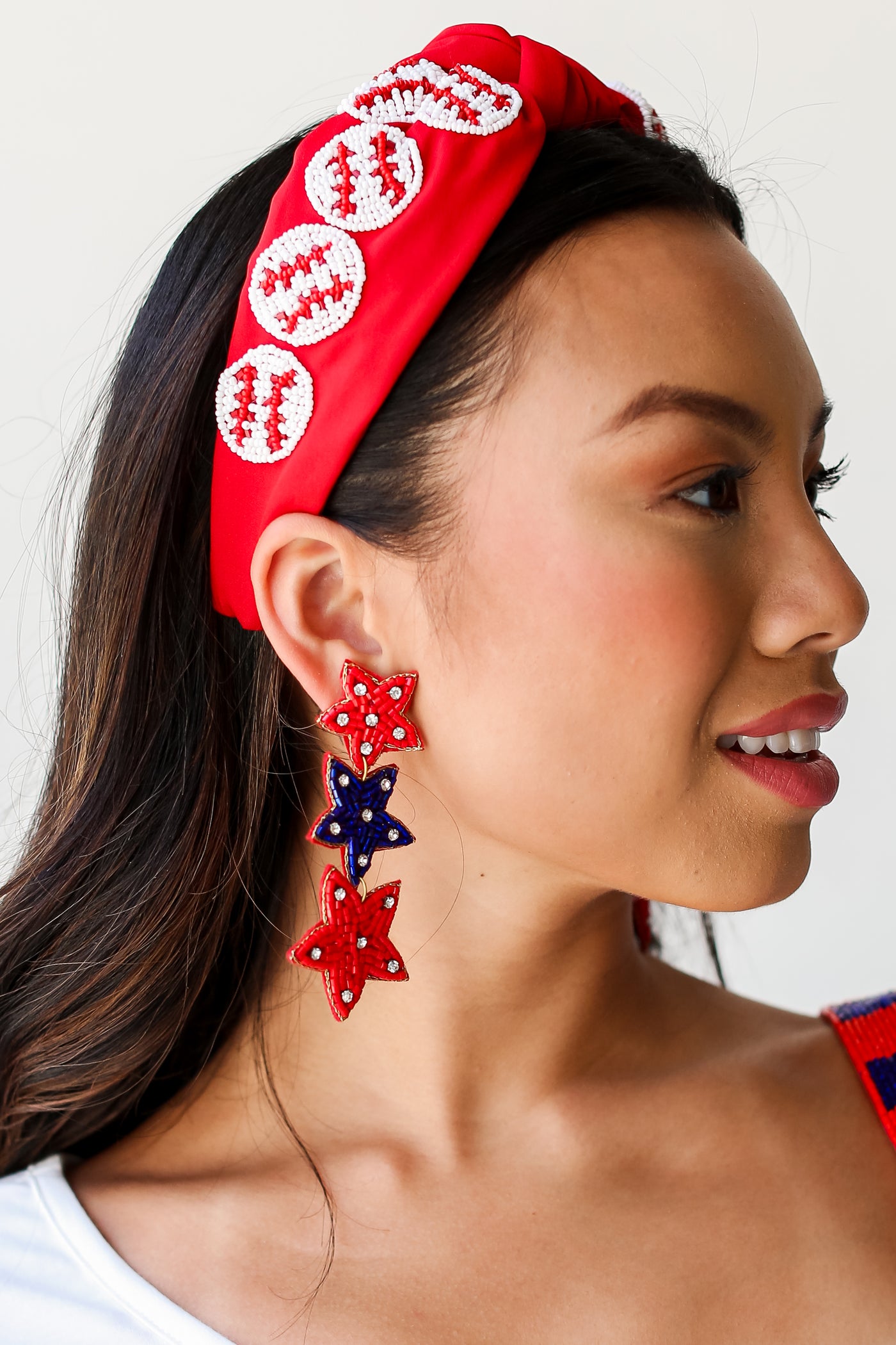 Red + Blue Beaded Star Drop Earrings close up