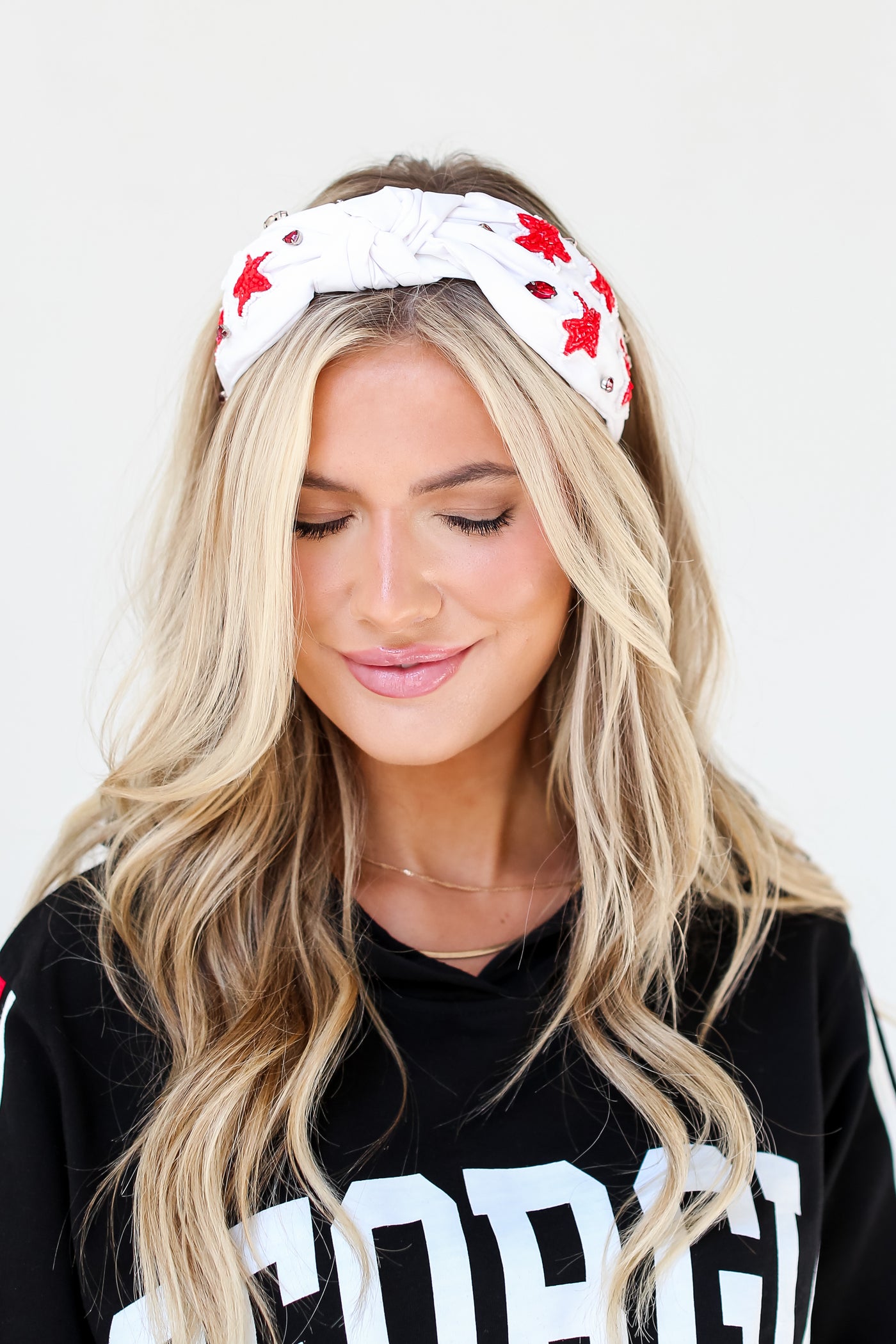 Red + White Star + Gemstone Knotted Headband close up