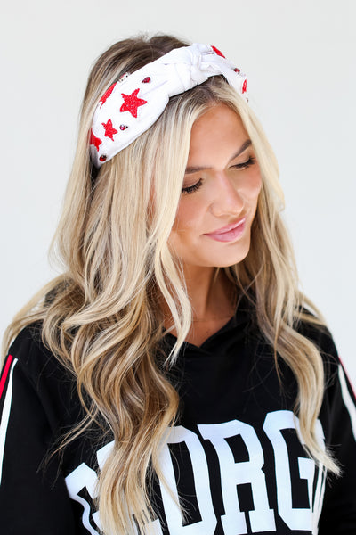 Red + White Star + Gemstone Knotted Headband on dress up model