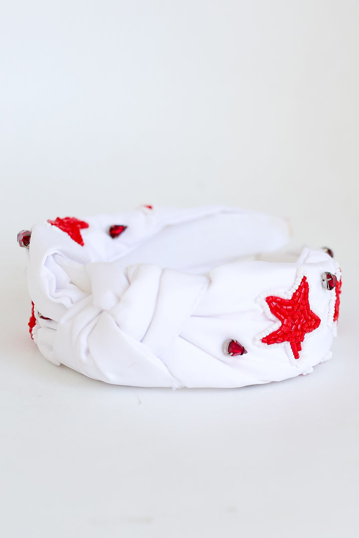 Red + White Star + Gemstone Knotted Headband flat lay