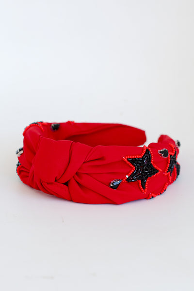 Red + Black Star + Gemstone Knotted Headband close up