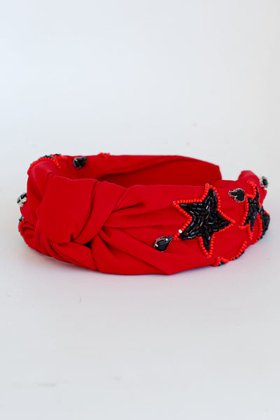 Red + Black Star + Gemstone Knotted Headband flat lay