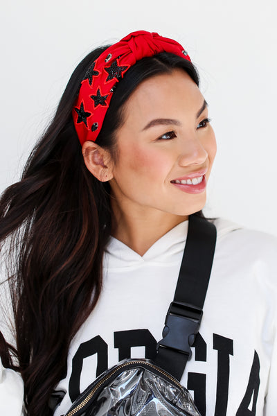 Red + Black Star + Gemstone Knotted Headband side view