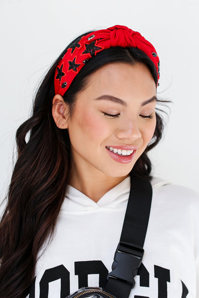 Red + Black Star + Gemstone Knotted Headband on model