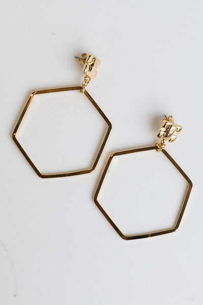 Gold Hexagon Drop Earrings close up