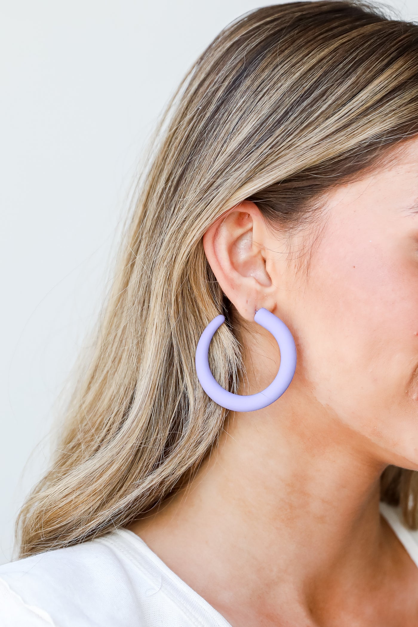 purple Matte Hoop Earrings on model