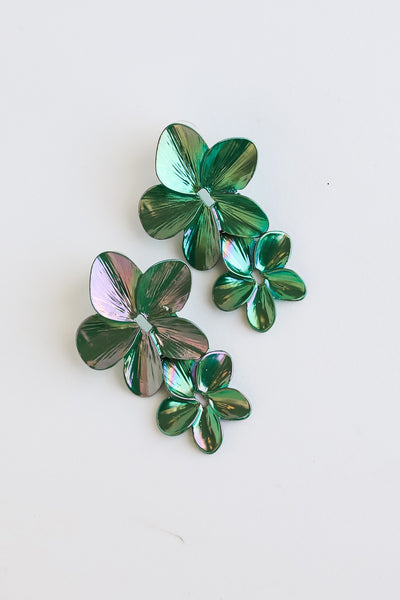 green Acrylic Flower Statement Earrings flat lay