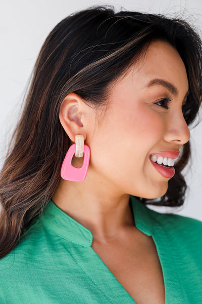 pink Acrylic Statement Earrings on model