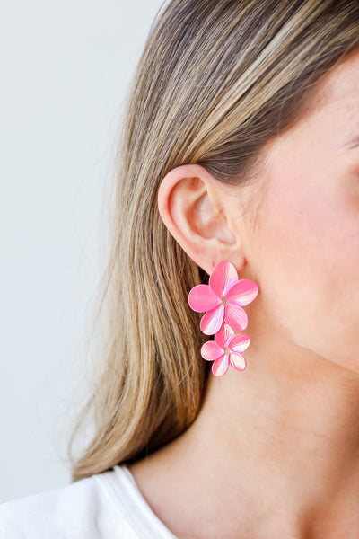 pink Acrylic Flower Statement Earrings on model