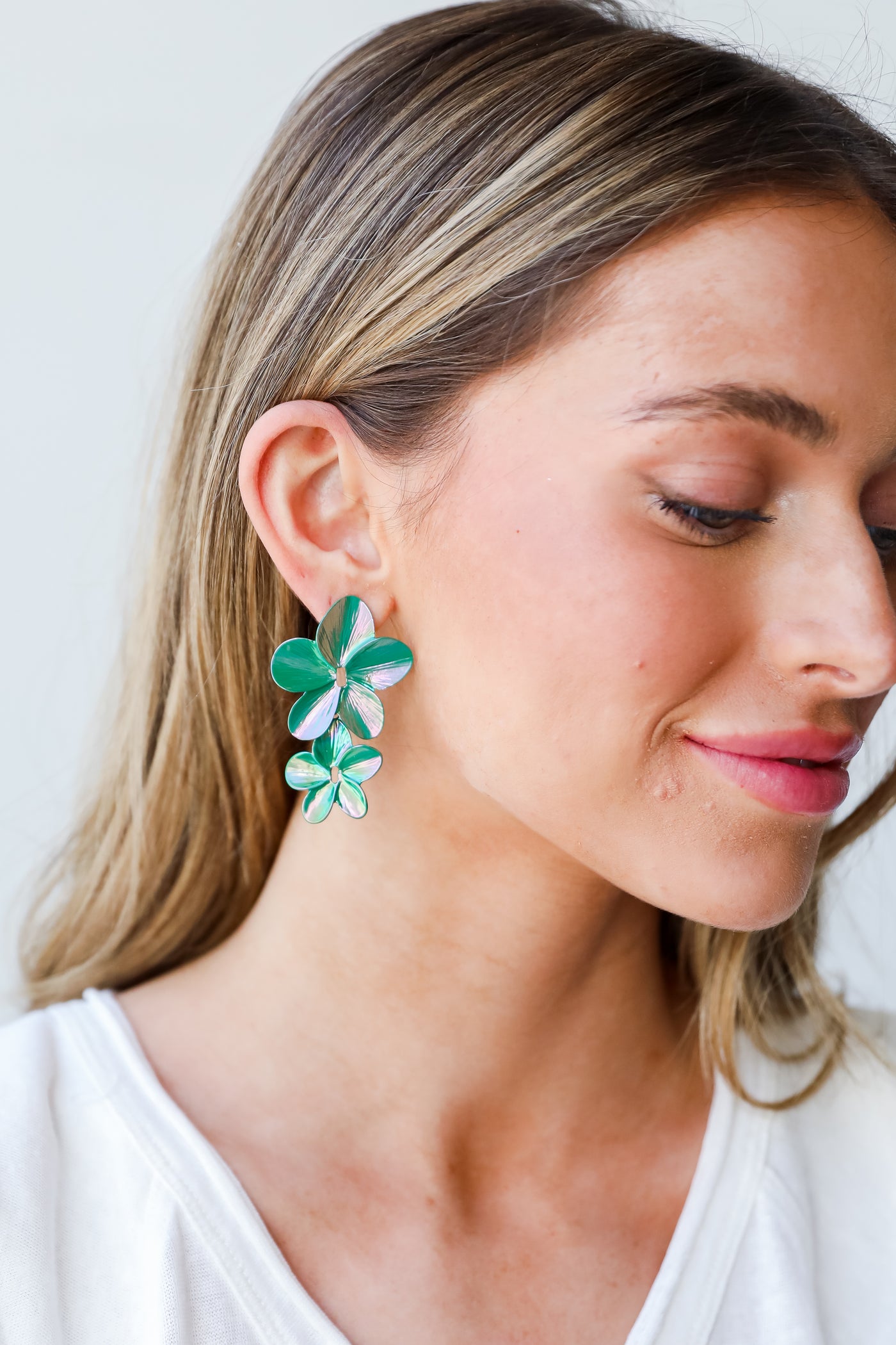 green Acrylic Flower Statement Earrings on dress up model