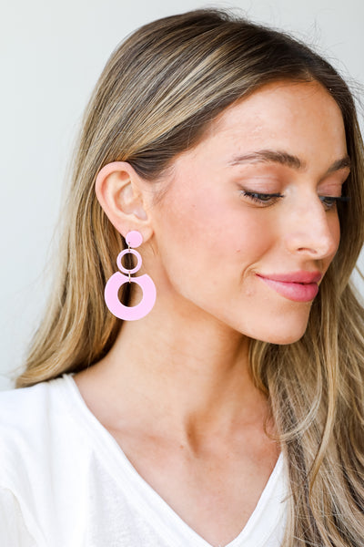 pink Acrylic Statement Earrings on dress up model