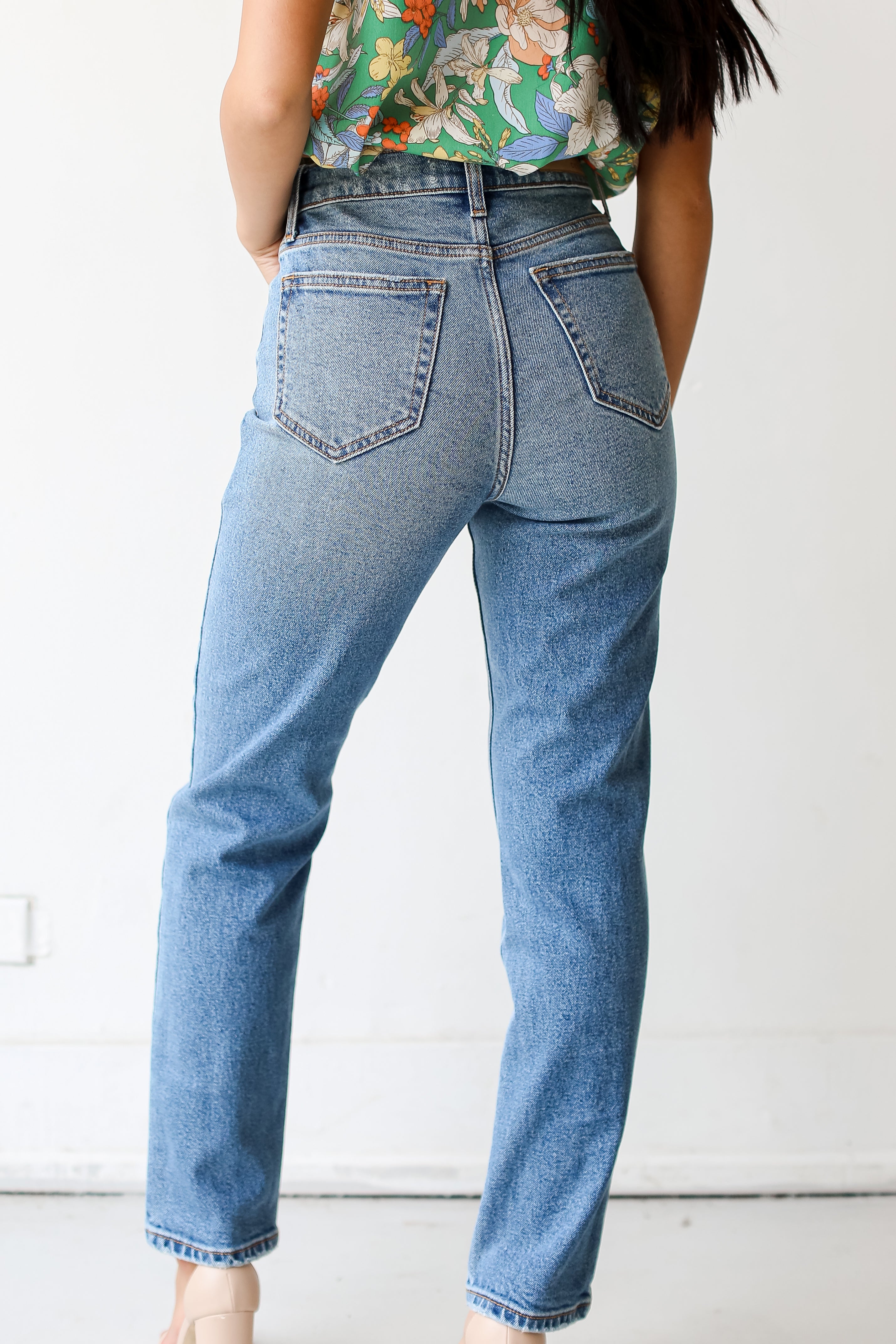 medium wash Straight Leg Jeans back view