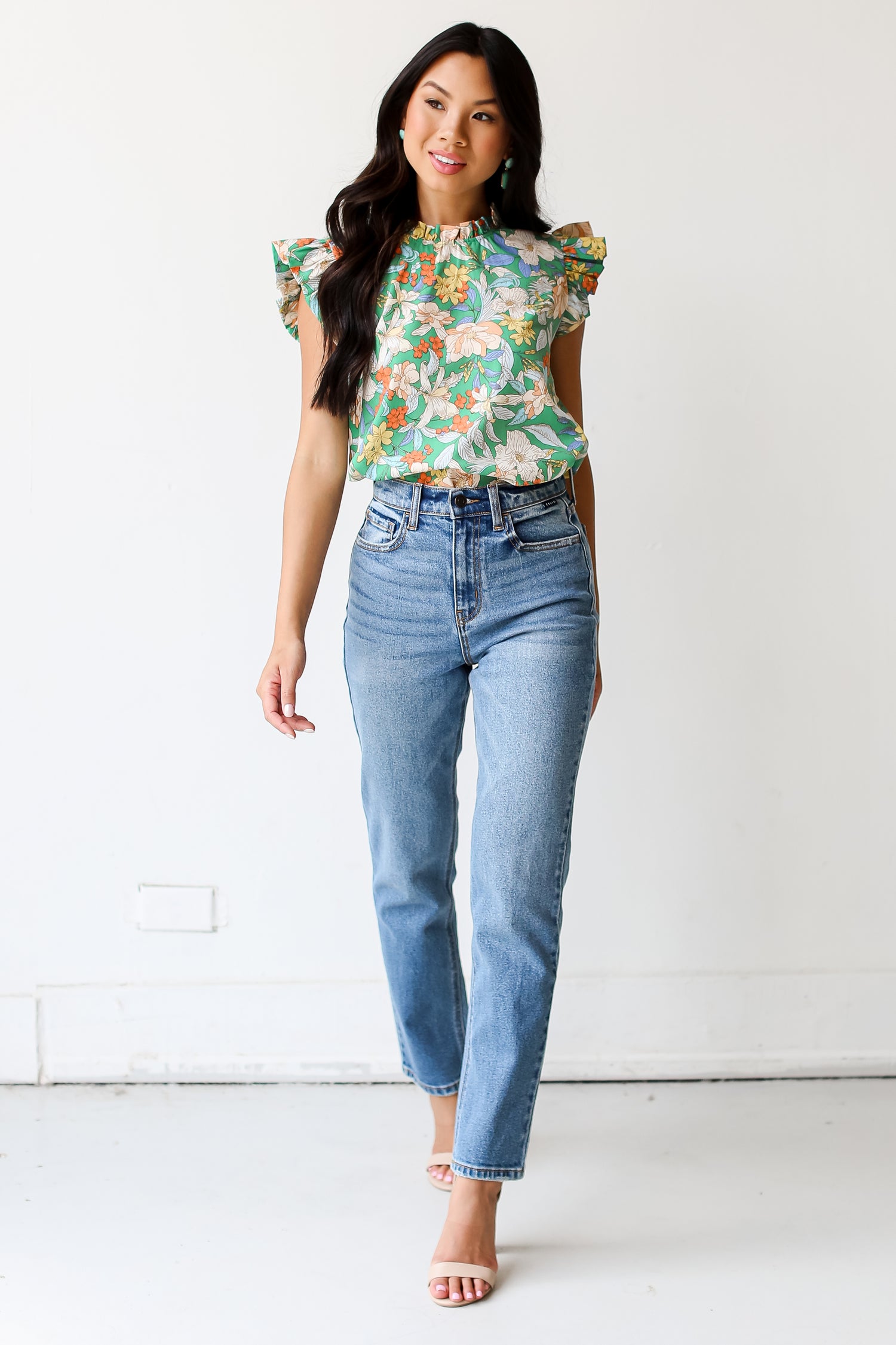 medium wash Straight Leg Jeans on model