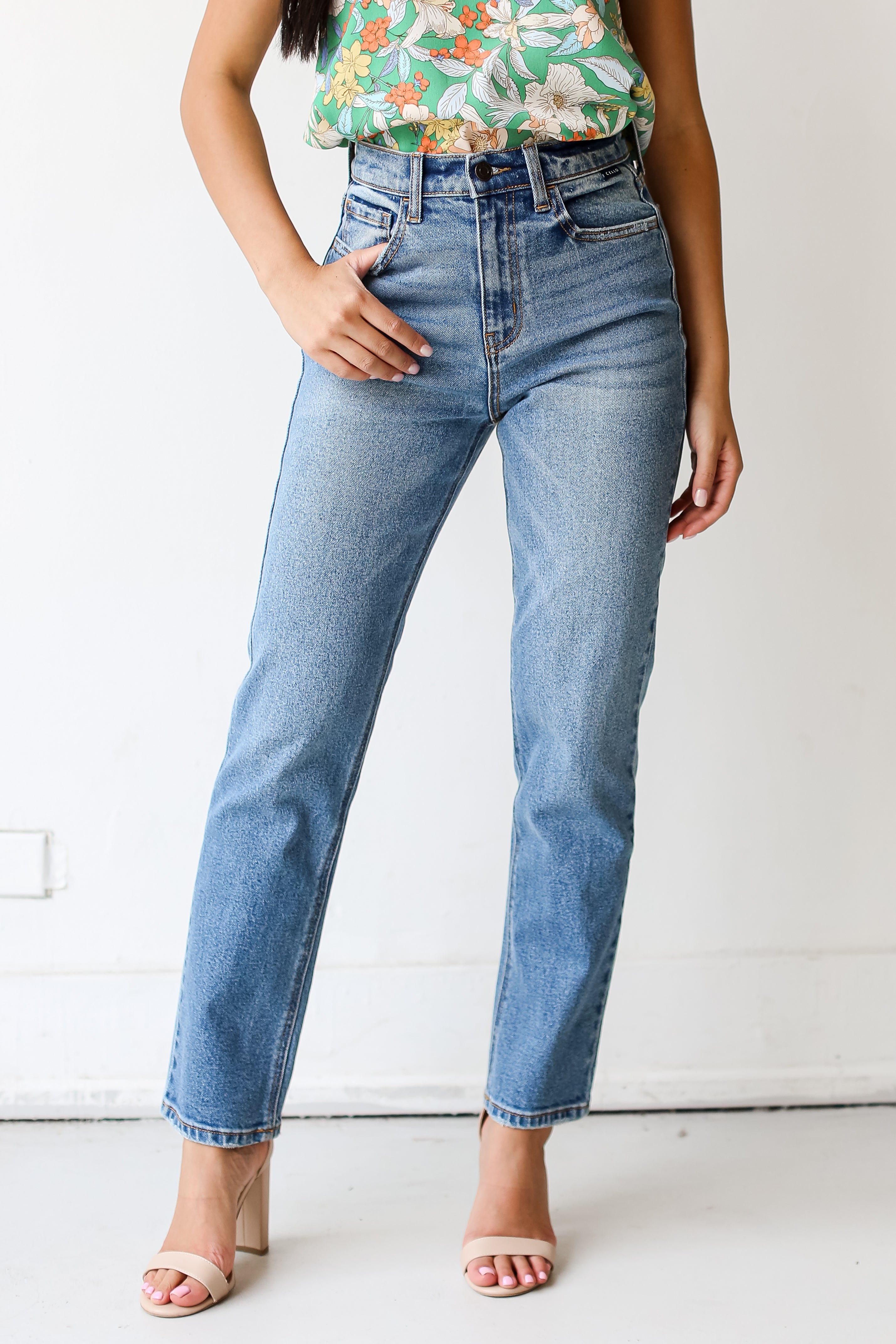 medium wash Straight Leg Jeans close up